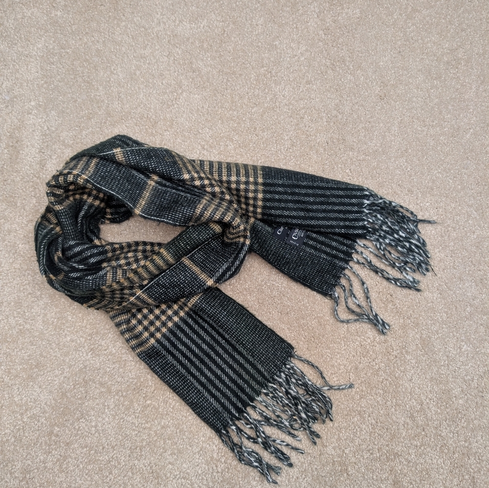 Vintage Christian Dior Monsieur CASHMAIRE Fringe Plaid Scarf Black and Tan